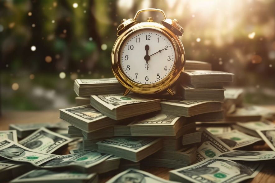 clock sitting on a pile of cash