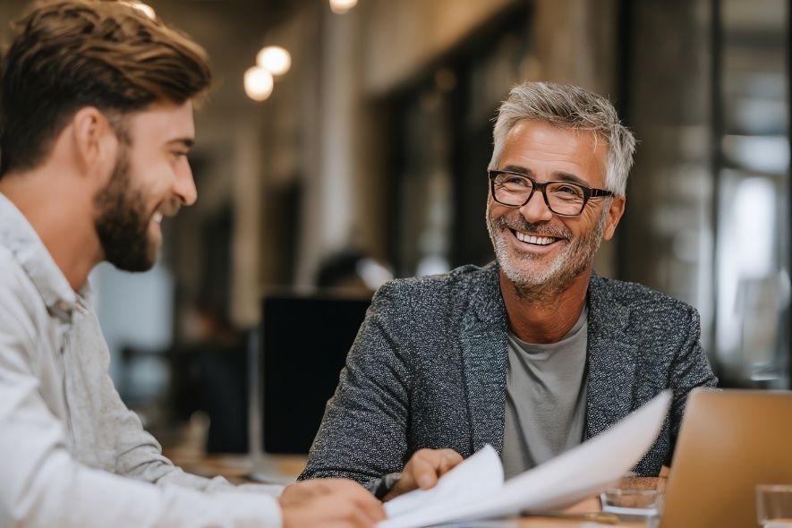 two men sitting at table happy